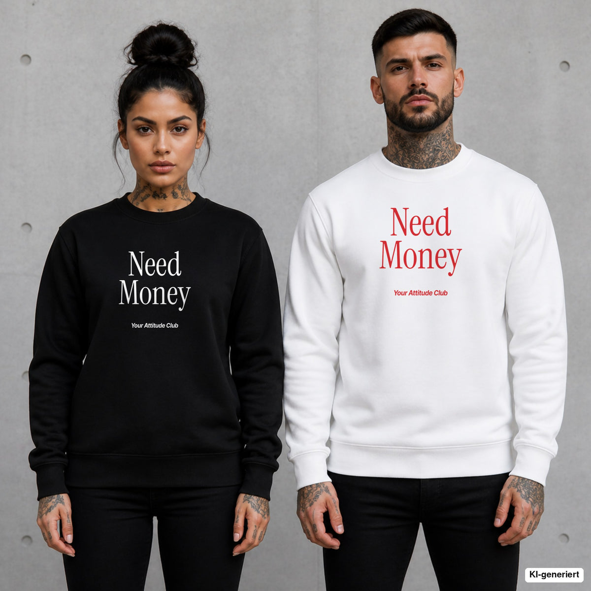 Need money – Pullover mit Frontprint, Frau in Schwarz und Mann in Weiß vor Betonwand