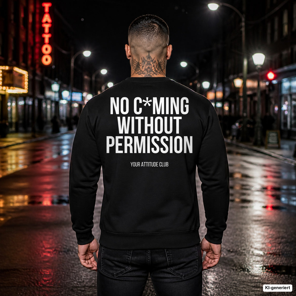 No c*ming without permission – schwarzer Pullover mit weißem Backprint, Herren in der Stadt bei Nacht