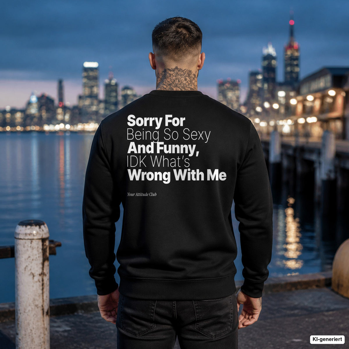 Sorry for being so sexy and funny, IDK what’s wrong with me – schwarzer Pullover mit weißem Backprint, Herren am Hafen