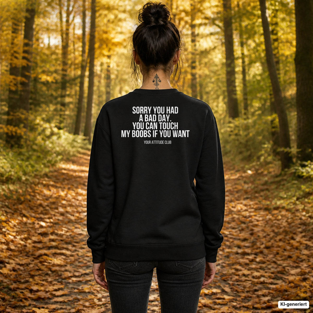 Sorry you had a bad day. you can touch my boobs if you want – schwarzer Pullover mit weißem Backprint, Damen beim Herbstspaziergang