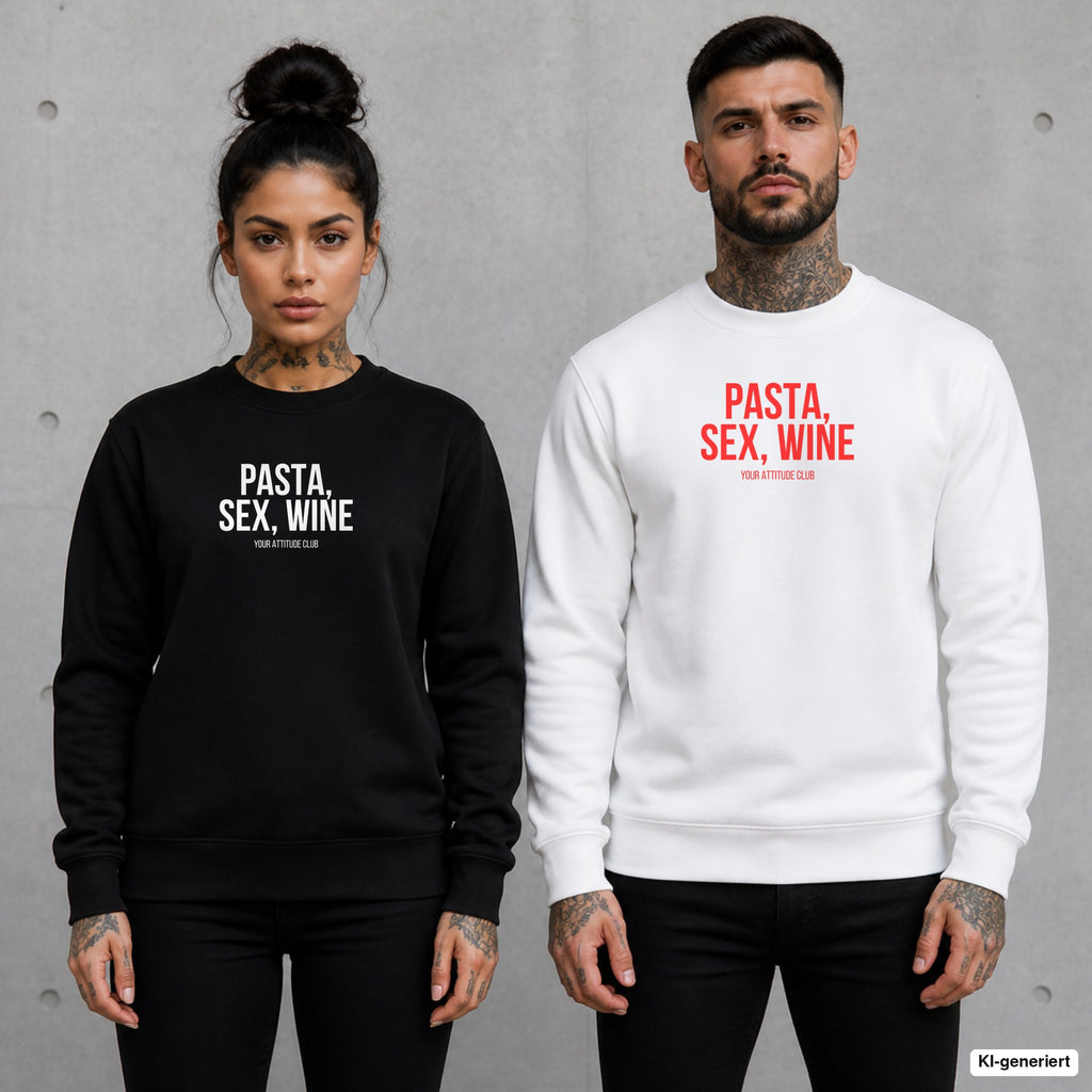 PASTA, SEX, WINE – Pullover mit Frontprint, Frau in Schwarz und Mann in Weiß vor Betonwand
