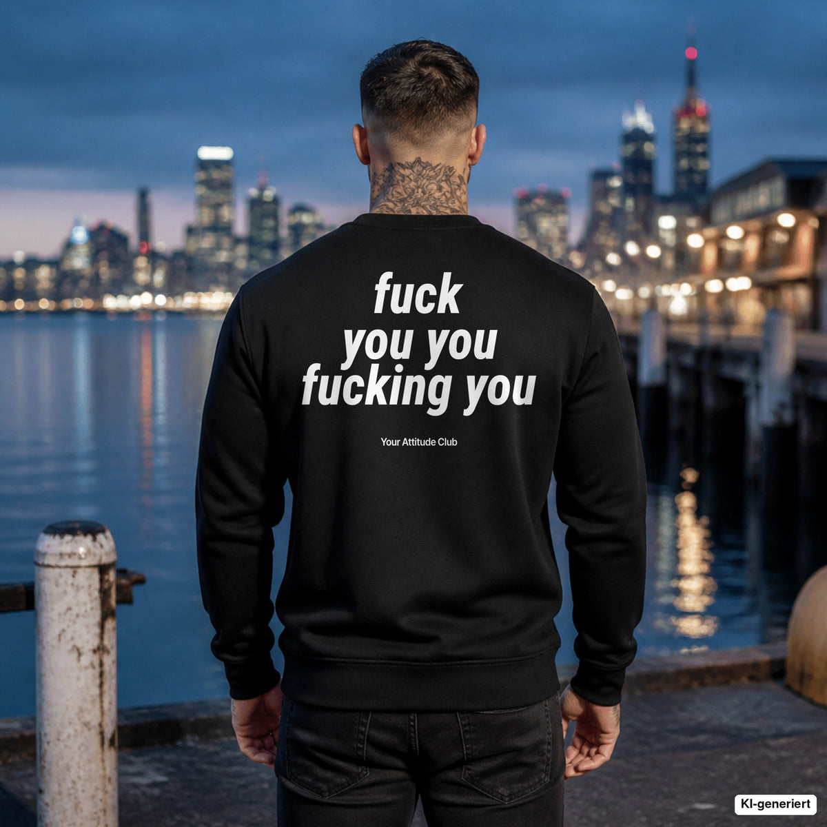 Fuck you, you fucking you – schwarzer Pullover mit weißem Backprint, Herren am Hafen