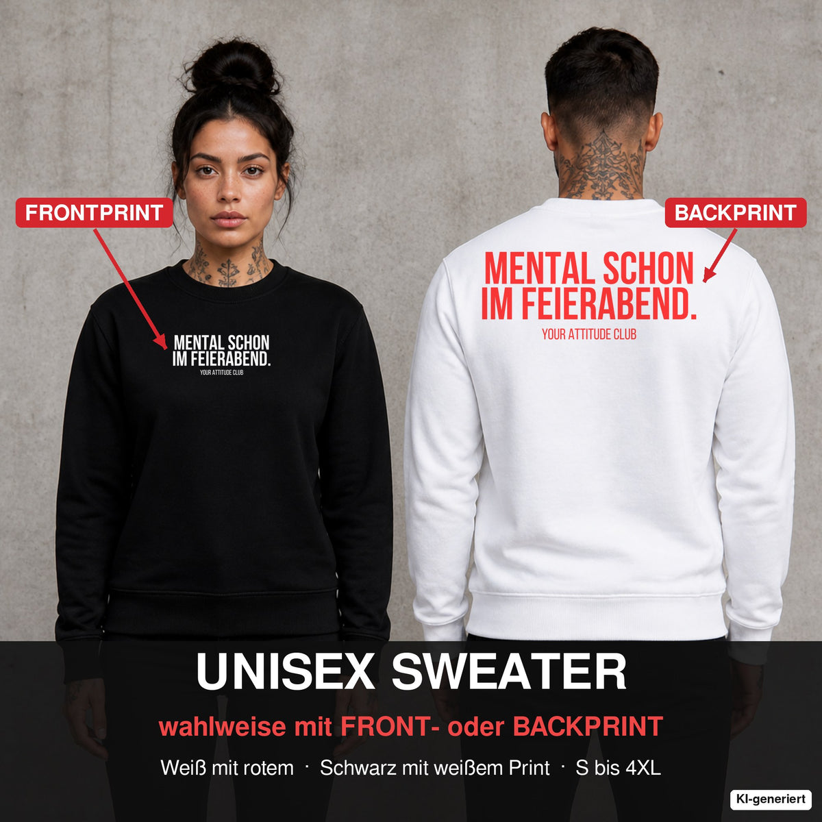 Mental schon im Feierabend – Pullover wahlweise mit Front- oder Backprint, Paar vor Betonwand