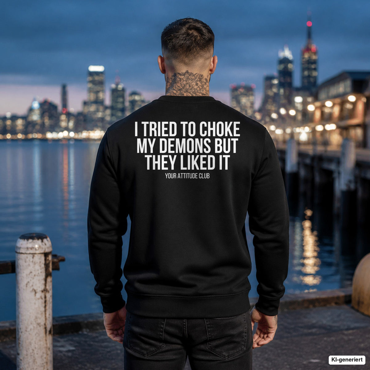 I tried to choke my demons but they liked it – schwarzer Pullover mit weißem Backprint, Herren am Hafen