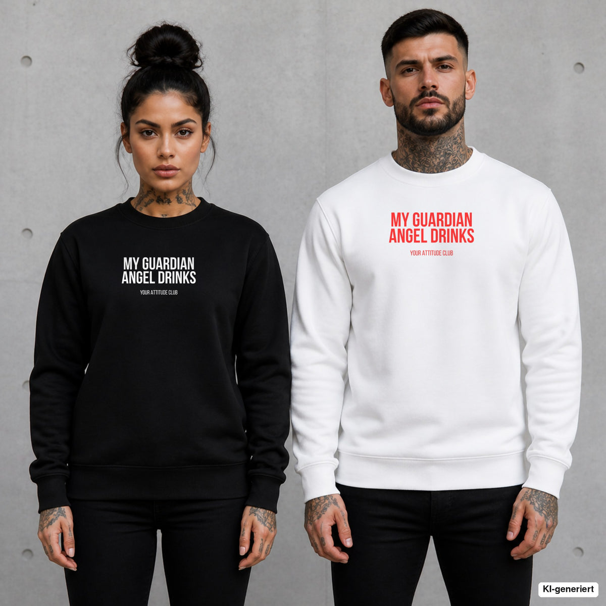 My guardian angel drinks – Pullover mit Frontprint, Frau in Schwarz und Mann in Weiß vor Betonwand