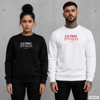 Eat p*ssy, it’s vegan – Pullover mit Frontprint, Frau in Schwarz und Mann in Weiß vor Betonwand
