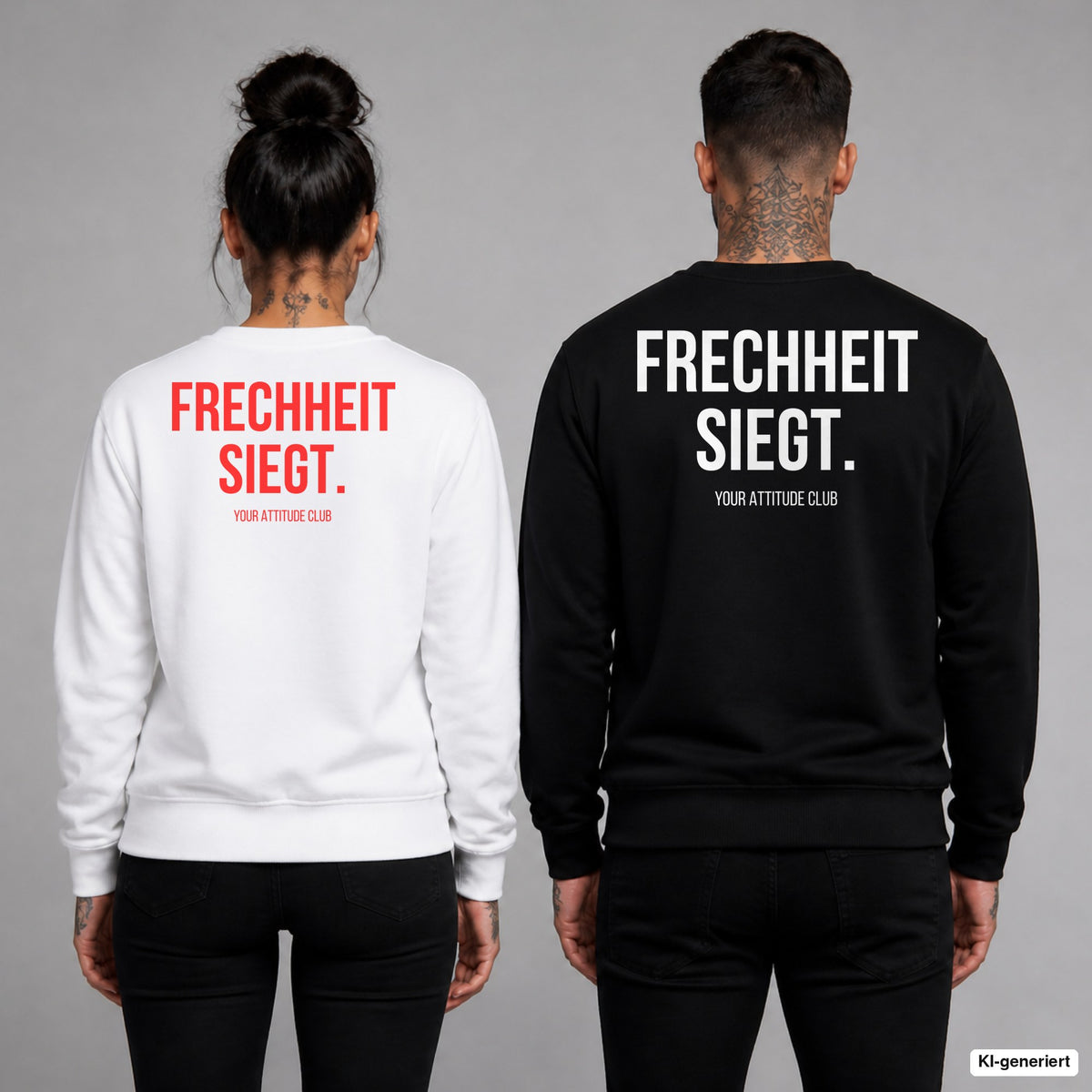 FRECHHEIT SIEGT. – Pullover mit Backprint, Frau in Weiß mit rotem und Mann in Schwarz mit weißem Aufdruck