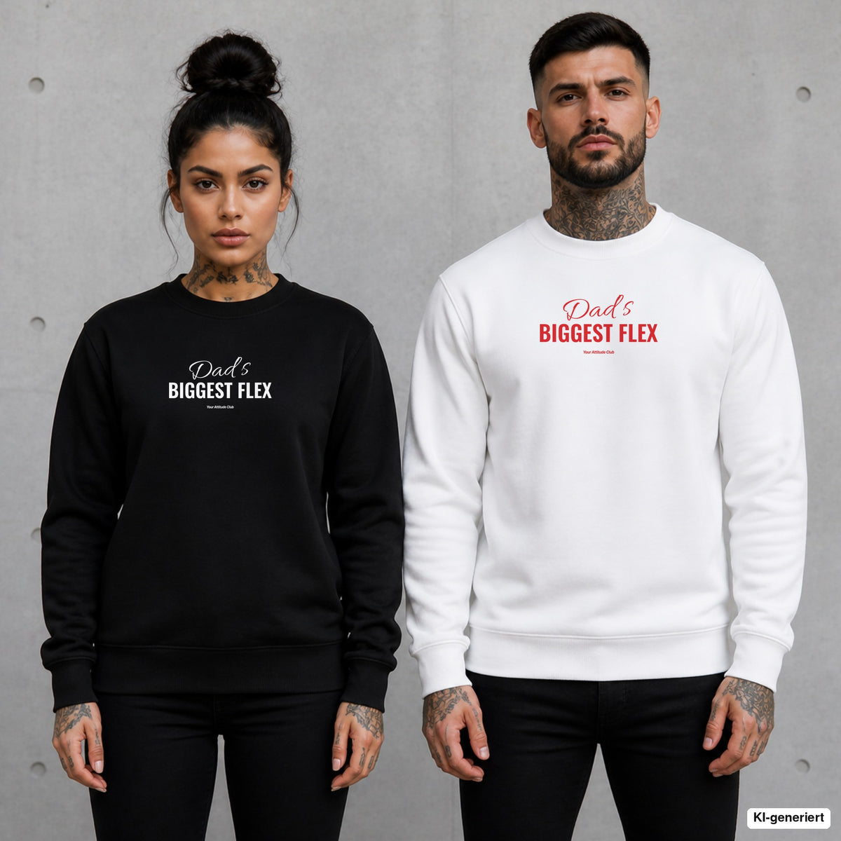 Dad’s biggest flex – Pullover mit Frontprint, Frau in Schwarz und Mann in Weiß vor Betonwand