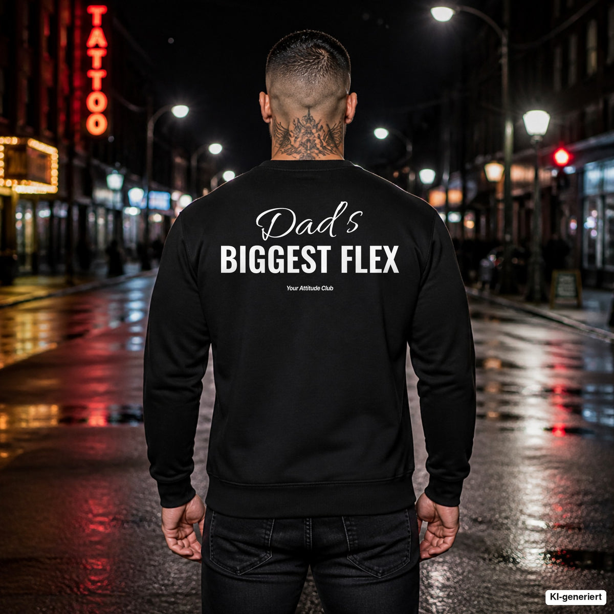 Dad’s biggest flex – schwarzer Pullover mit weißem Backprint, Herren in der Stadt bei Nacht