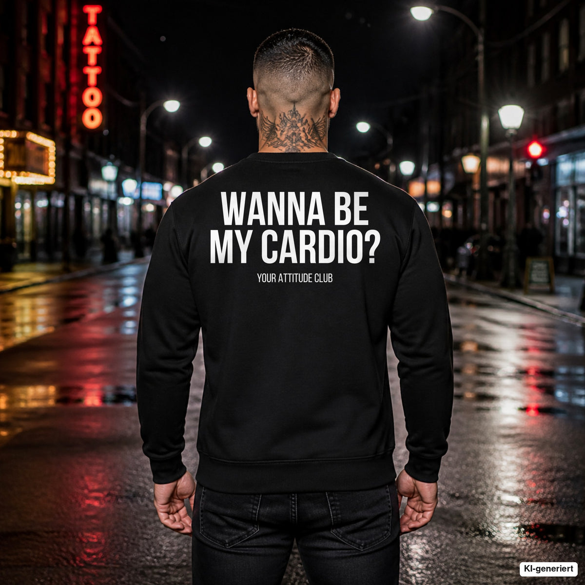 Wanna be my cardio (respectfully) – schwarzer Pullover mit weißem Backprint, Herren in der Stadt bei Nacht
