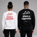 Let’s share a cigarette – Pullover mit Backprint, Frau in Weiß mit rotem und Mann in Schwarz mit weißem Aufdruck