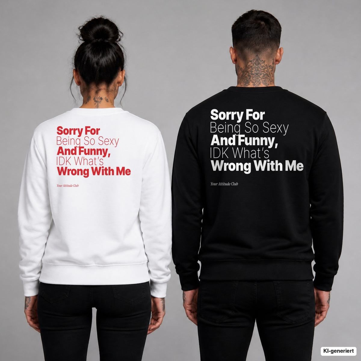 Sorry for being so sexy and funny, IDK what’s wrong with me – Pullover mit Backprint, Frau in Weiß mit rotem und Mann in Schwarz mit weißem Aufdruck