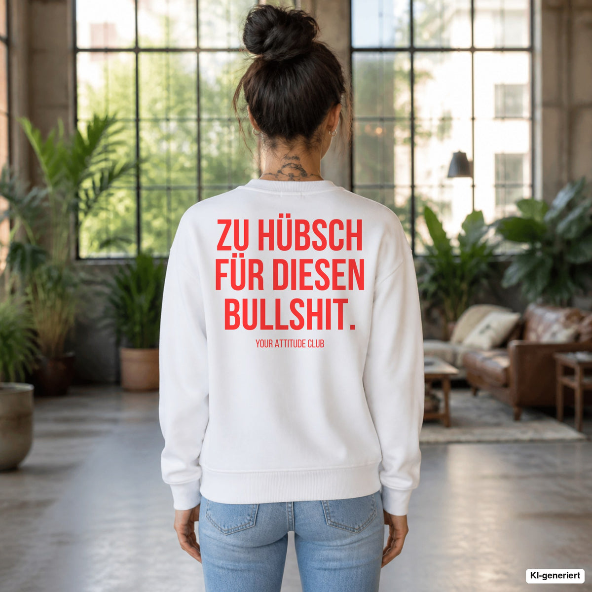 Zu hübsch für diesen Bullshit – weißer Pullover mit rotem Backprint, Damen im Loft