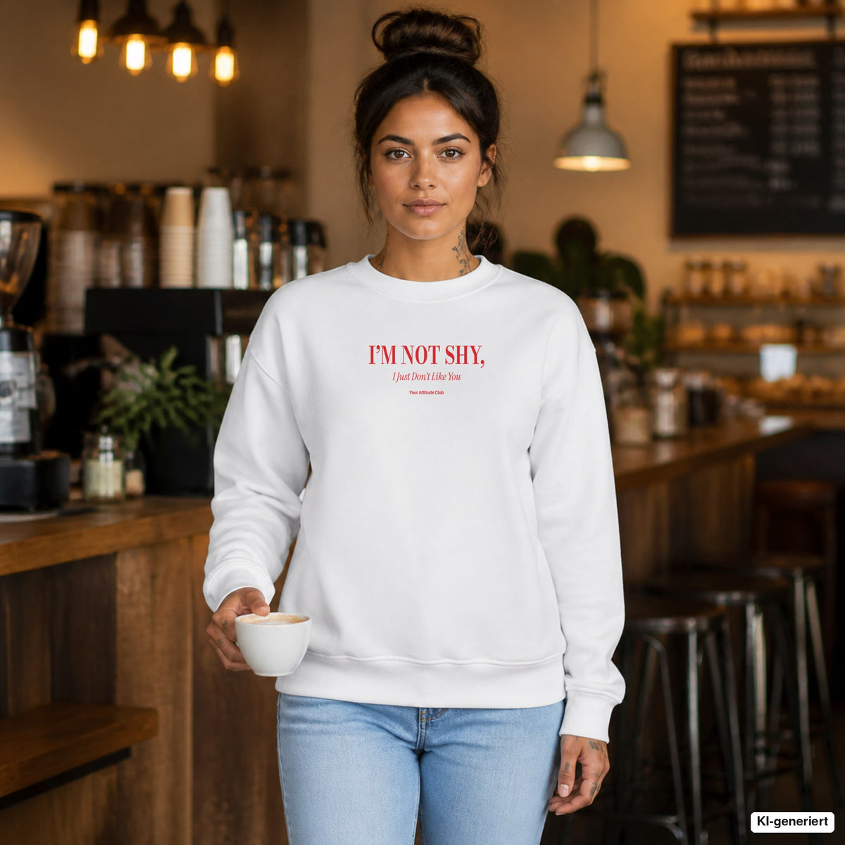 I’m not shy, I just don’t like you – weißer Pullover mit rotem Frontprint, Damen im Café