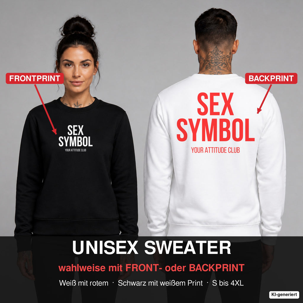 SEX SYMBOL – Pullover wahlweise mit Frontprint oder Backprint – Frau vorne in Schwarz, Mann hinten in Weiß