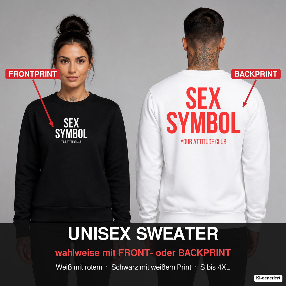 SEX SYMBOL – Pullover wahlweise mit Frontprint oder Backprint – Frau vorne in Schwarz, Mann hinten in Weiß