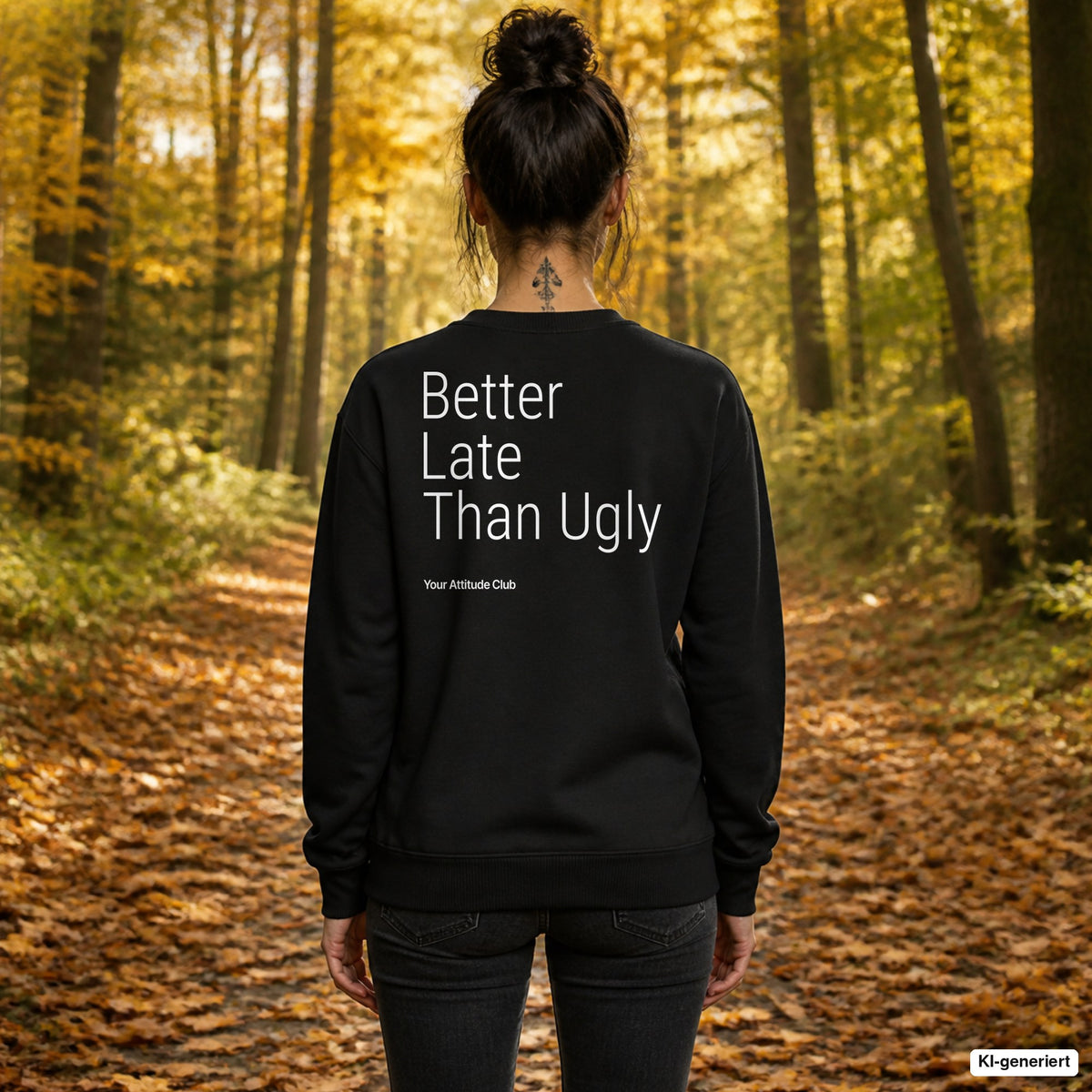 Better late than ugly – schwarzer Pullover mit weißem Backprint, Damen beim Herbstspaziergang