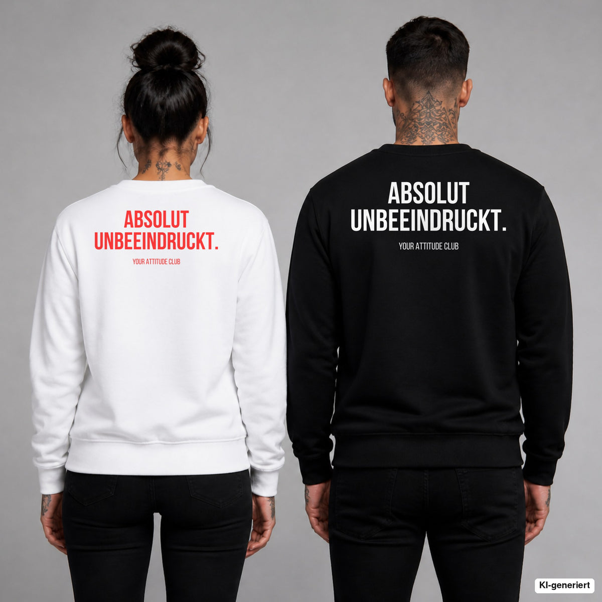 ABSOLUT UNBEEINDRUCKT. – Pullover mit Backprint, Frau in Weiß mit rotem und Mann in Schwarz mit weißem Aufdruck