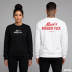 Mum’s biggest flex – Pullover unisex mit Frontprint (Frau, Schwarz) und Backprint (Mann, Weiß)