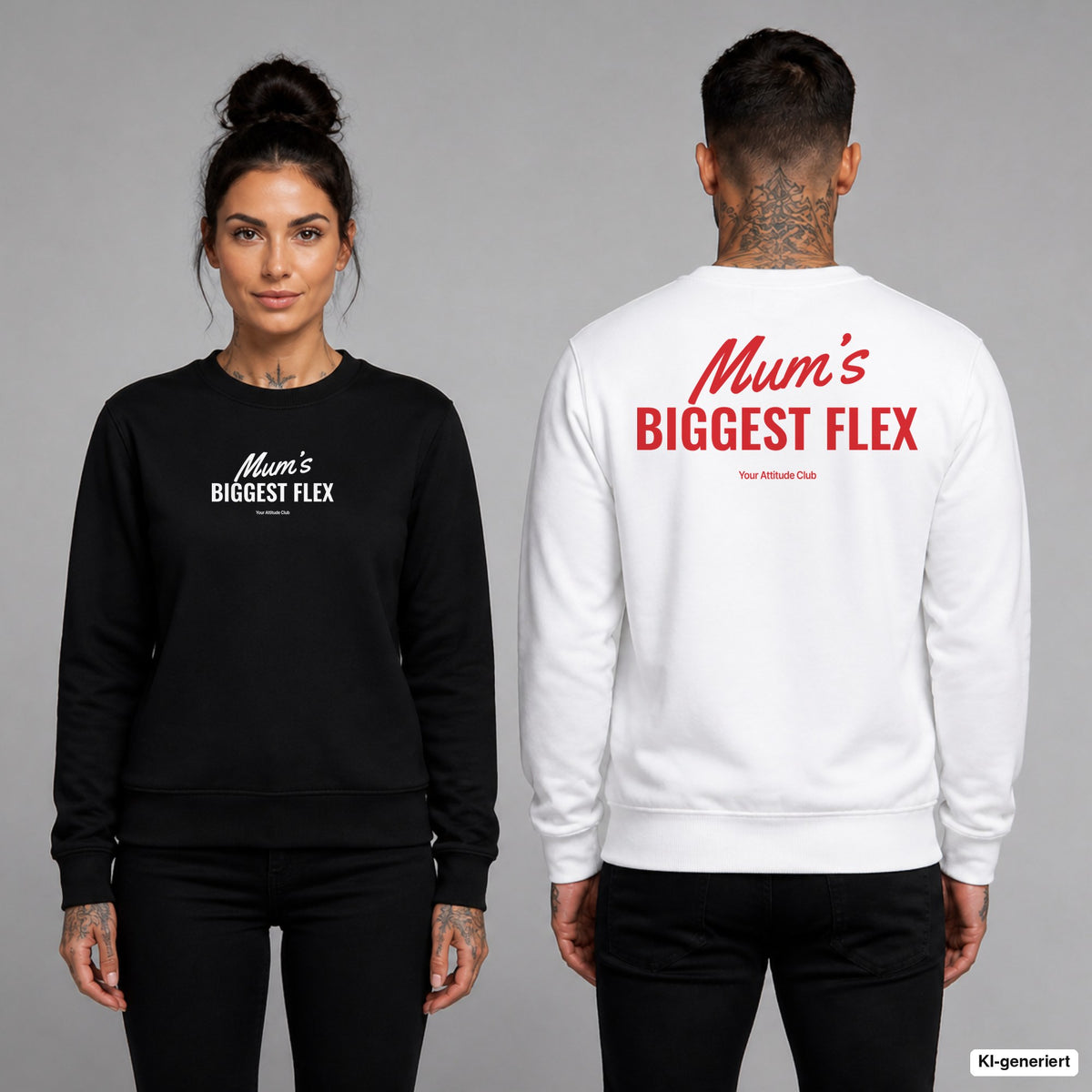 Mum’s biggest flex – Pullover unisex mit Frontprint (Frau, Schwarz) und Backprint (Mann, Weiß)
