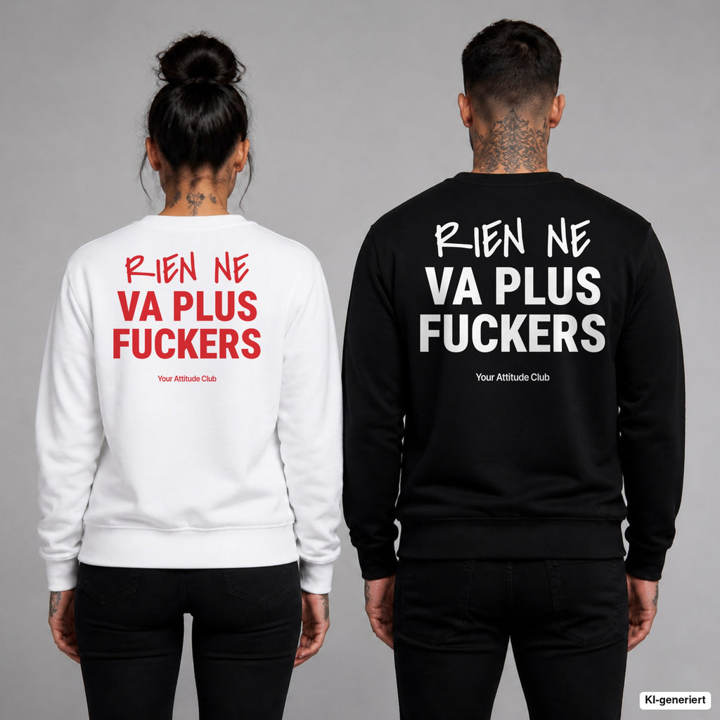 Rien ne va plus, fuckers – Pullover mit Backprint, Frau in Weiß mit rotem und Mann in Schwarz mit weißem Aufdruck