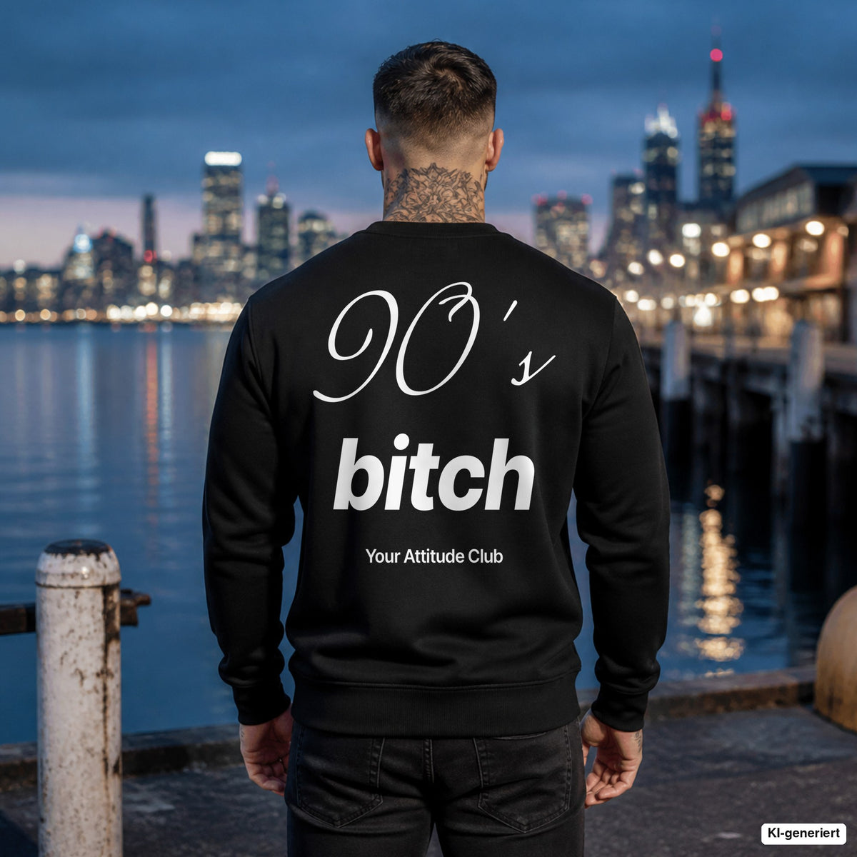 90’s bitch – schwarzer Pullover mit weißem Backprint, Herren am Hafen