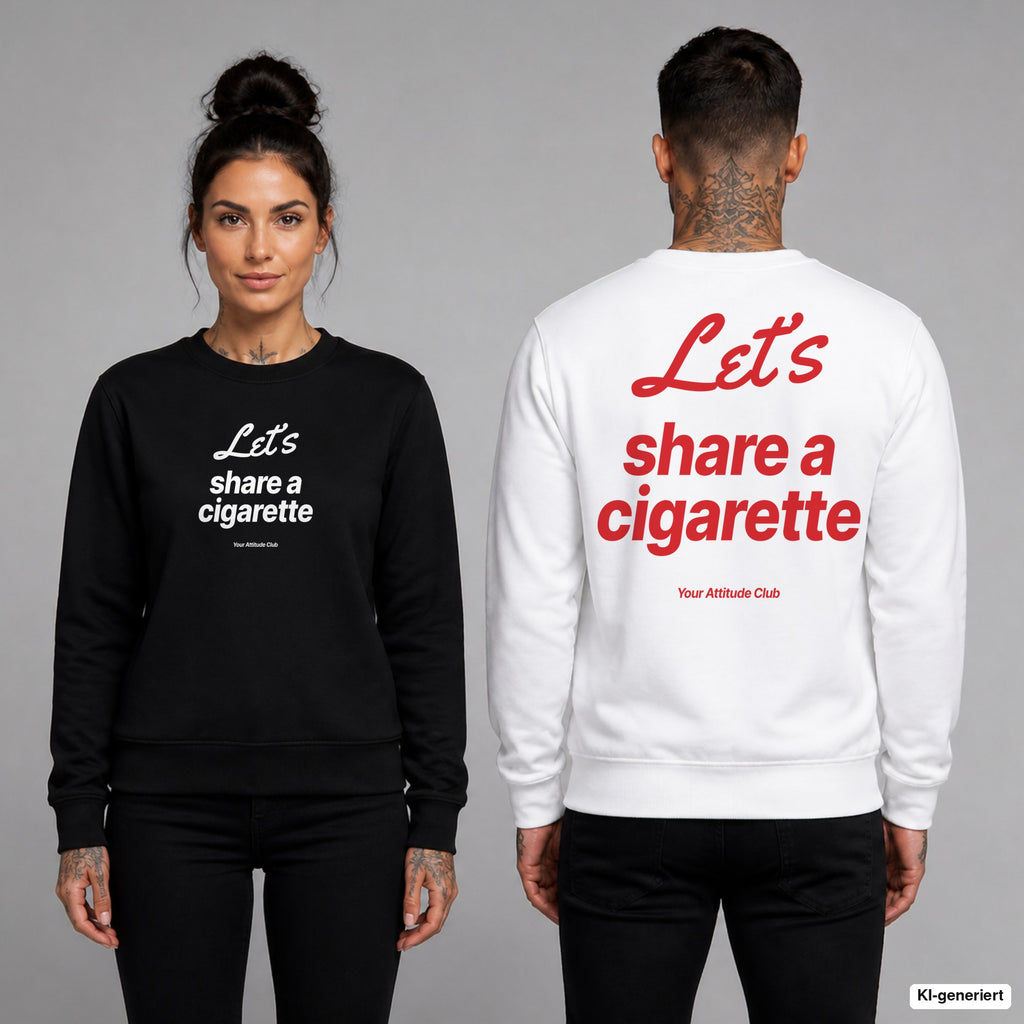 Let’s share a cigarette – Pullover unisex mit Frontprint (Frau, Schwarz) und Backprint (Mann, Weiß)