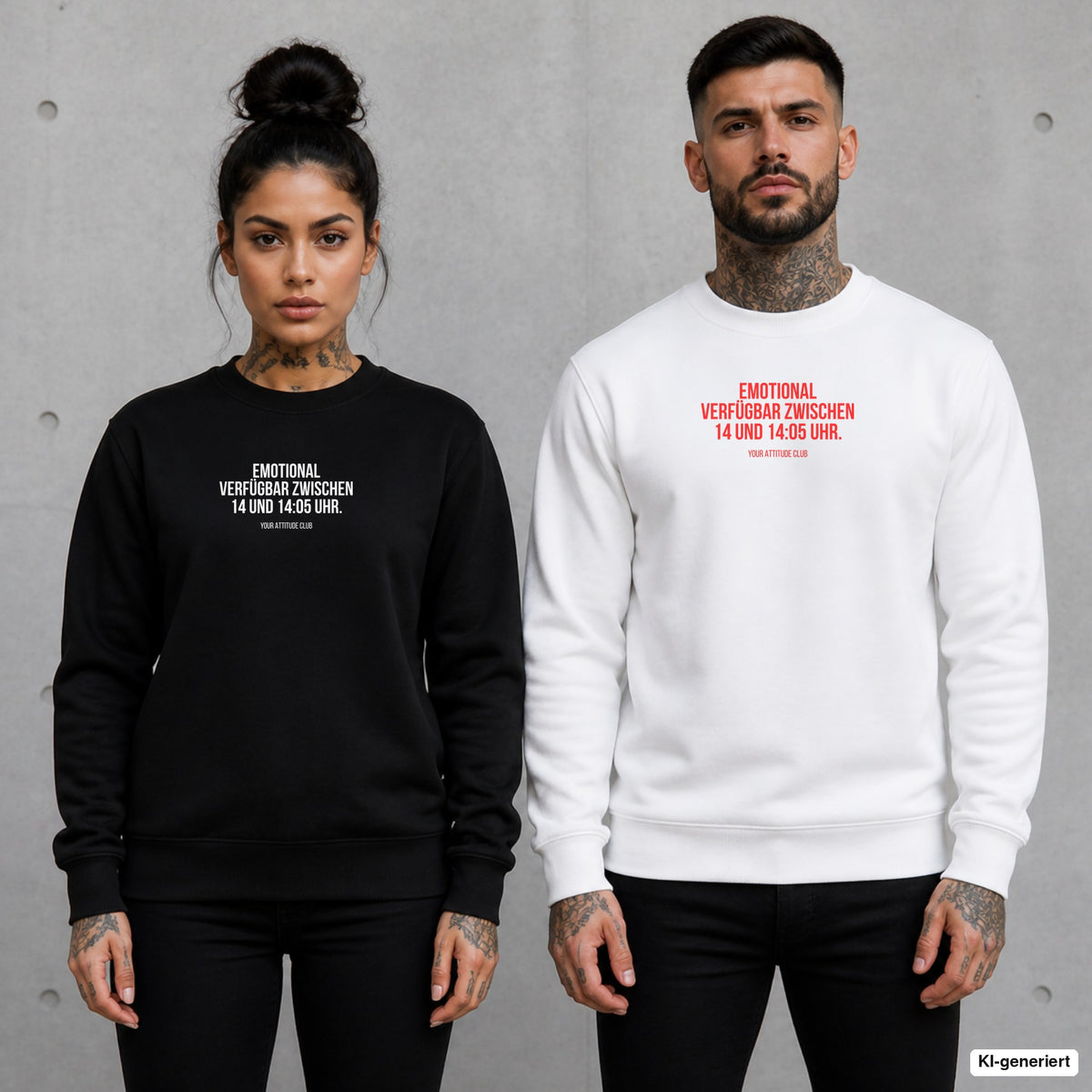 Emotional verfügbar zwischen 14 und 1405 Uhr – Pullover mit Frontprint, Frau in Schwarz und Mann in Weiß vor Betonwand