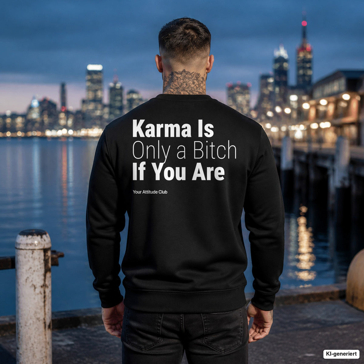 Karma is only a bitch if you are – schwarzer Pullover mit weißem Backprint, Herren am Hafen