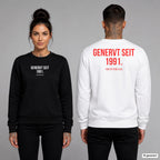 GENERVT SEIT 199X – Pullover unisex mit Frontprint (Frau, Schwarz) und Backprint (Mann, Weiß)