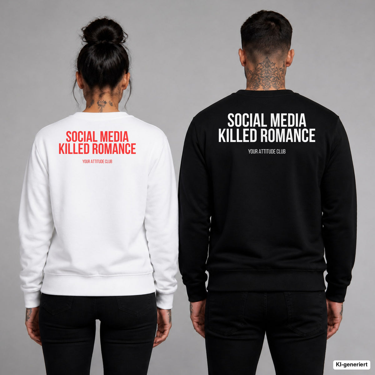 Social media killed romance – Pullover mit Backprint, Frau in Weiß mit rotem und Mann in Schwarz mit weißem Aufdruck