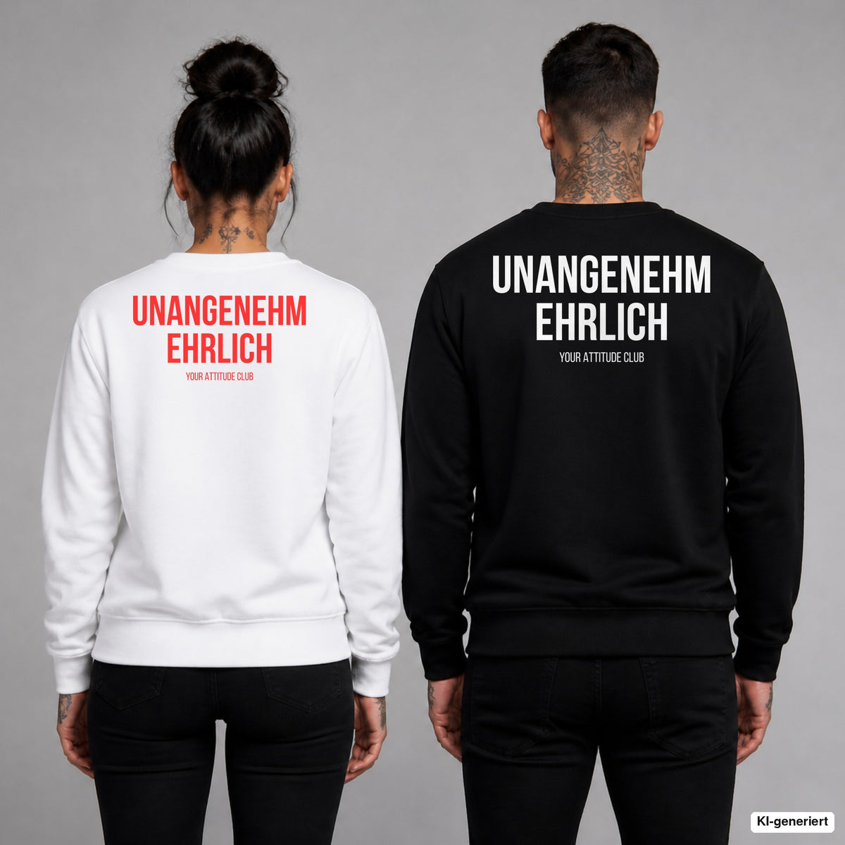 UNANGENEHM EHRLICH. – Pullover mit Backprint, Frau in Weiß mit rotem und Mann in Schwarz mit weißem Aufdruck