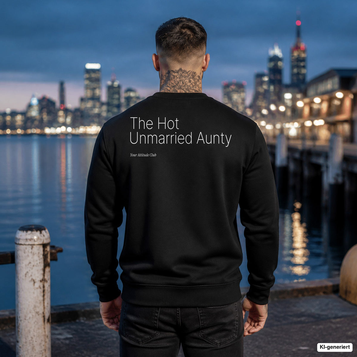 The hot unmarried aunty – schwarzer Pullover mit weißem Backprint, Herren am Hafen