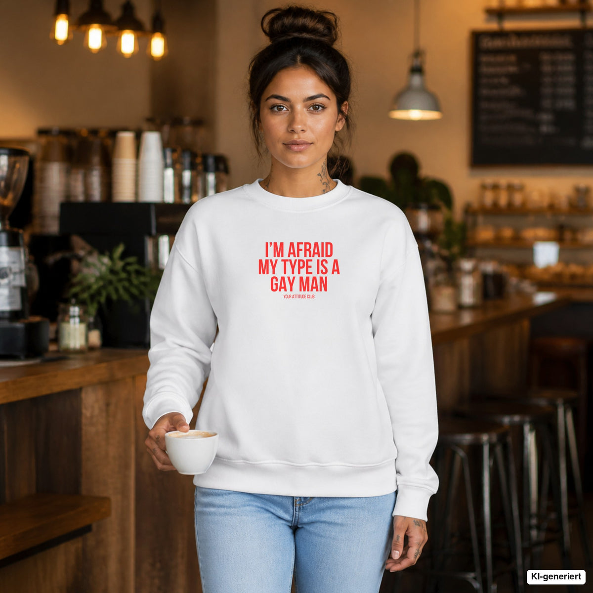 I’m afraid my type is a gay man – weißer Pullover mit rotem Frontprint, Damen im Café