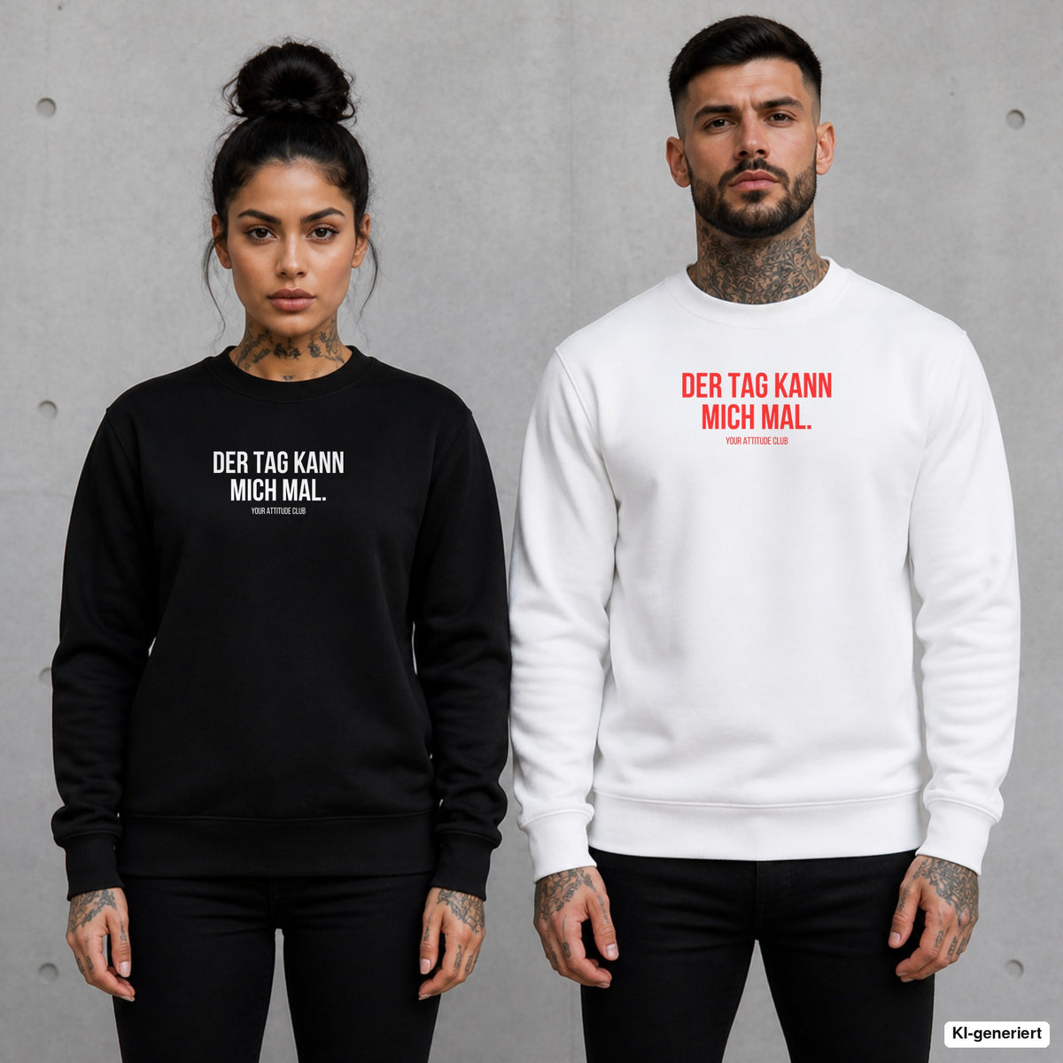Der Tag kann mich mal – Pullover mit Frontprint, Frau in Schwarz und Mann in Weiß vor Betonwand