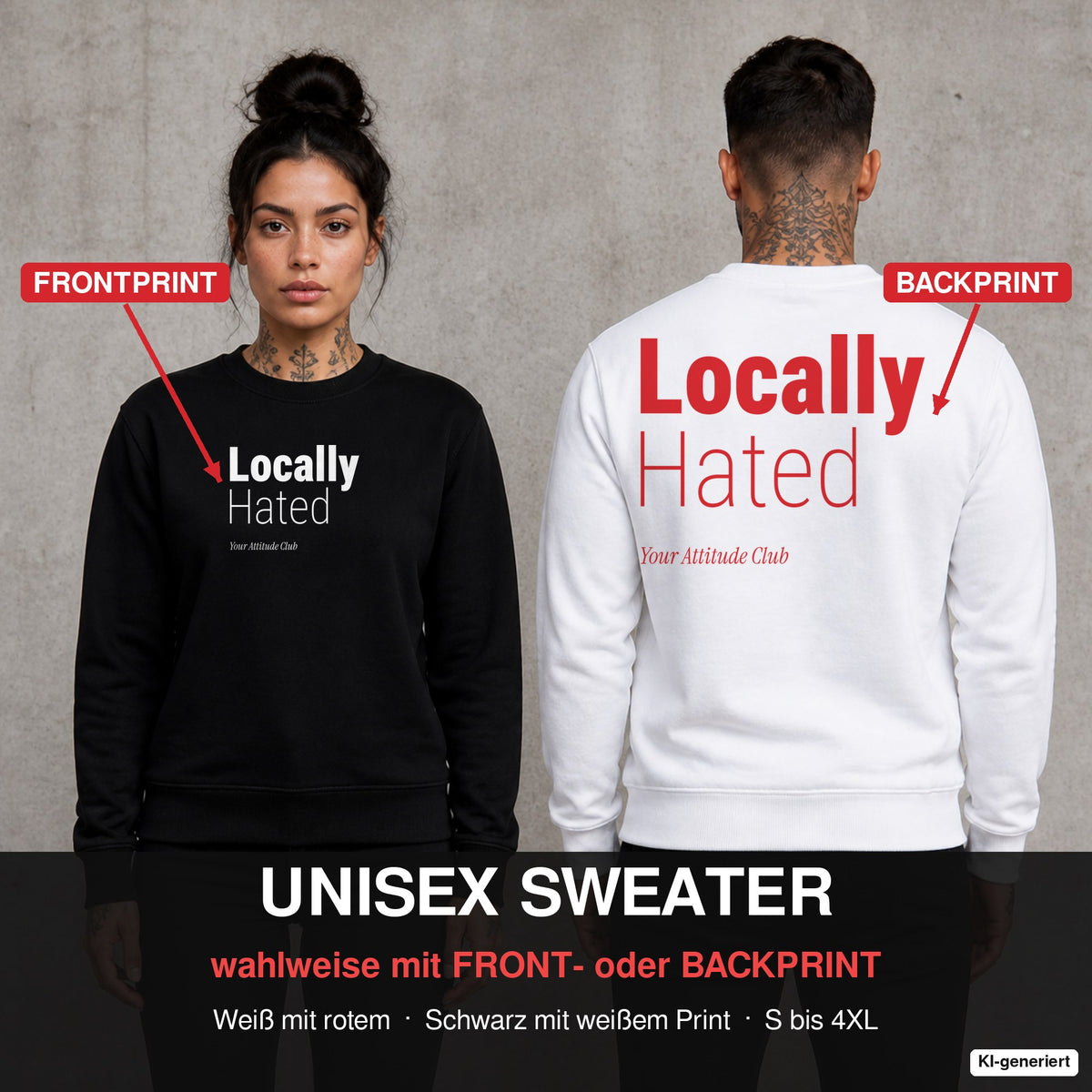 Locally hated – Pullover wahlweise mit Front- oder Backprint, Paar vor Betonwand