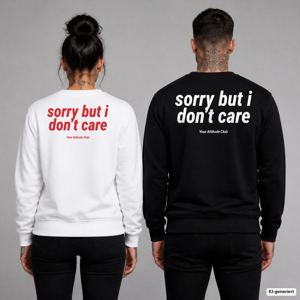 Sorry, but I don’t care – Pullover mit Backprint, Frau in Weiß mit rotem und Mann in Schwarz mit weißem Aufdruck