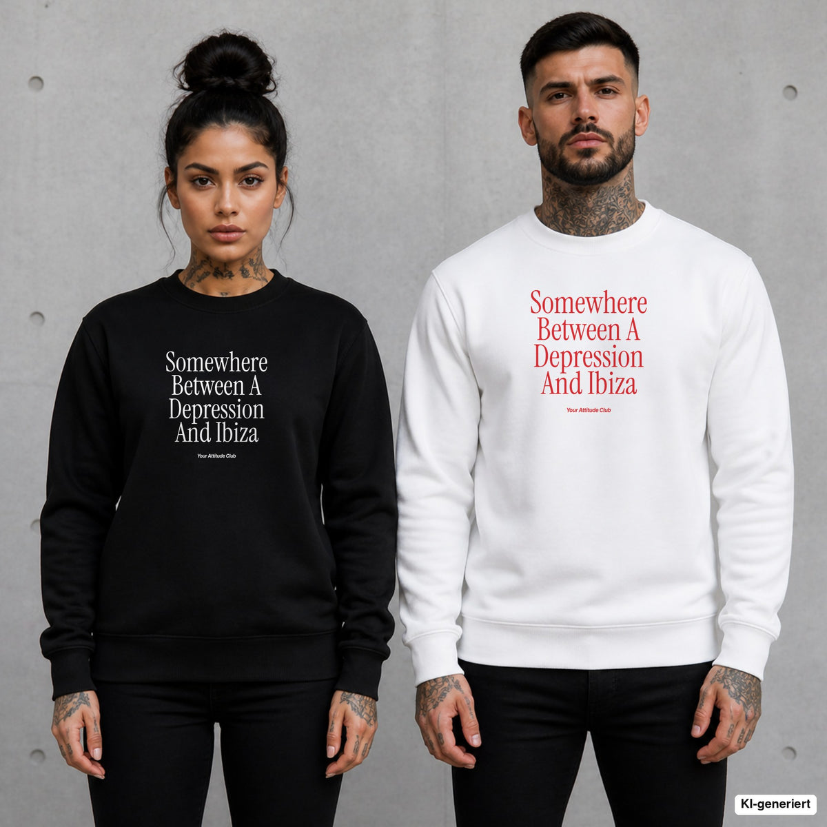 Somewhere between a depression and Ibiza – Pullover mit Frontprint, Frau in Schwarz und Mann in Weiß vor Betonwand