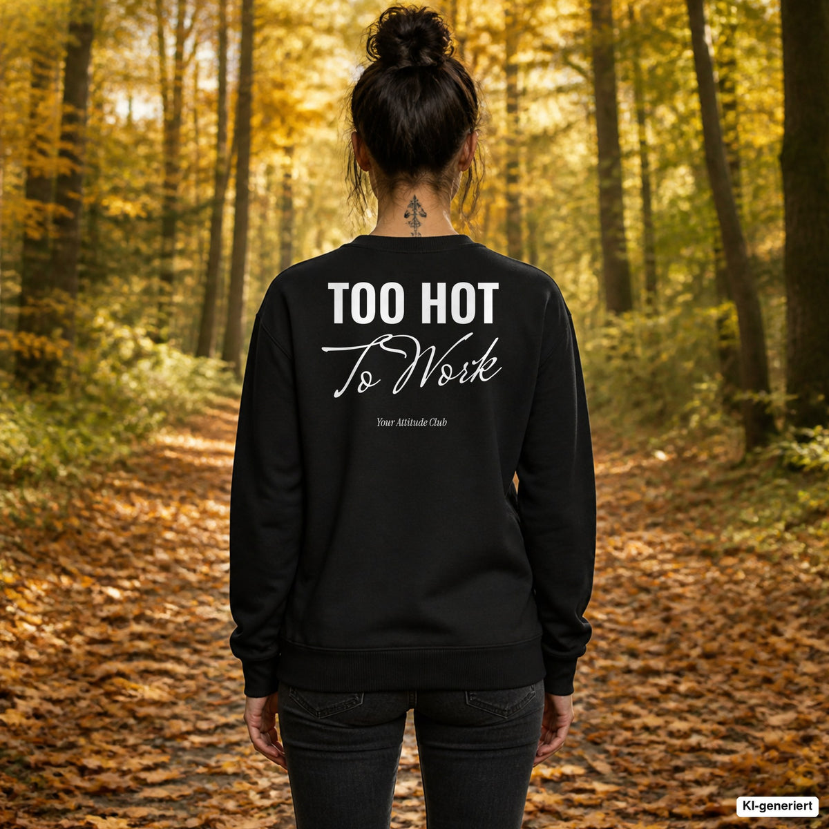 Too hot to work – schwarzer Pullover mit weißem Backprint, Damen beim Herbstspaziergang
