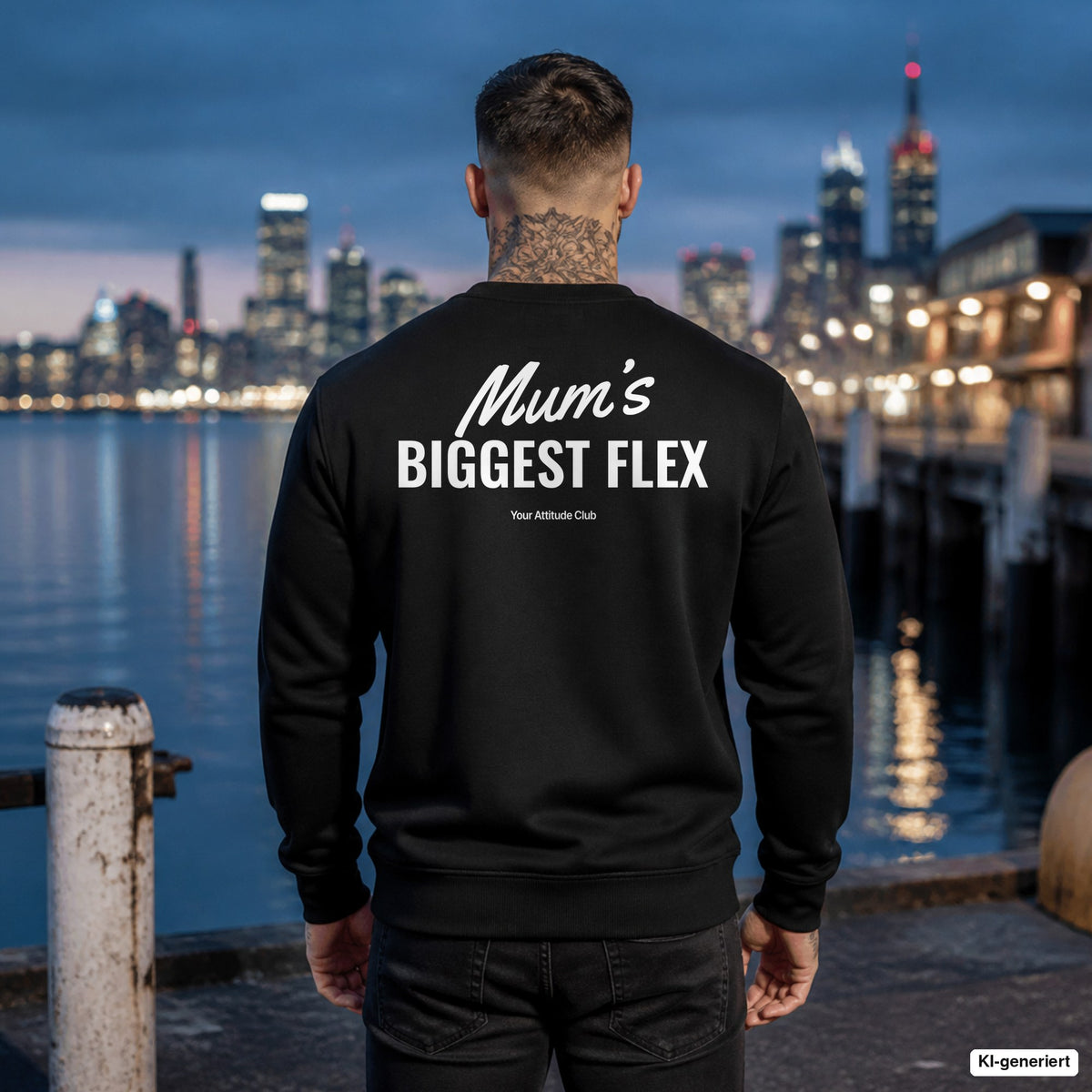 Mum’s biggest flex – schwarzer Pullover mit weißem Backprint, Herren am Hafen