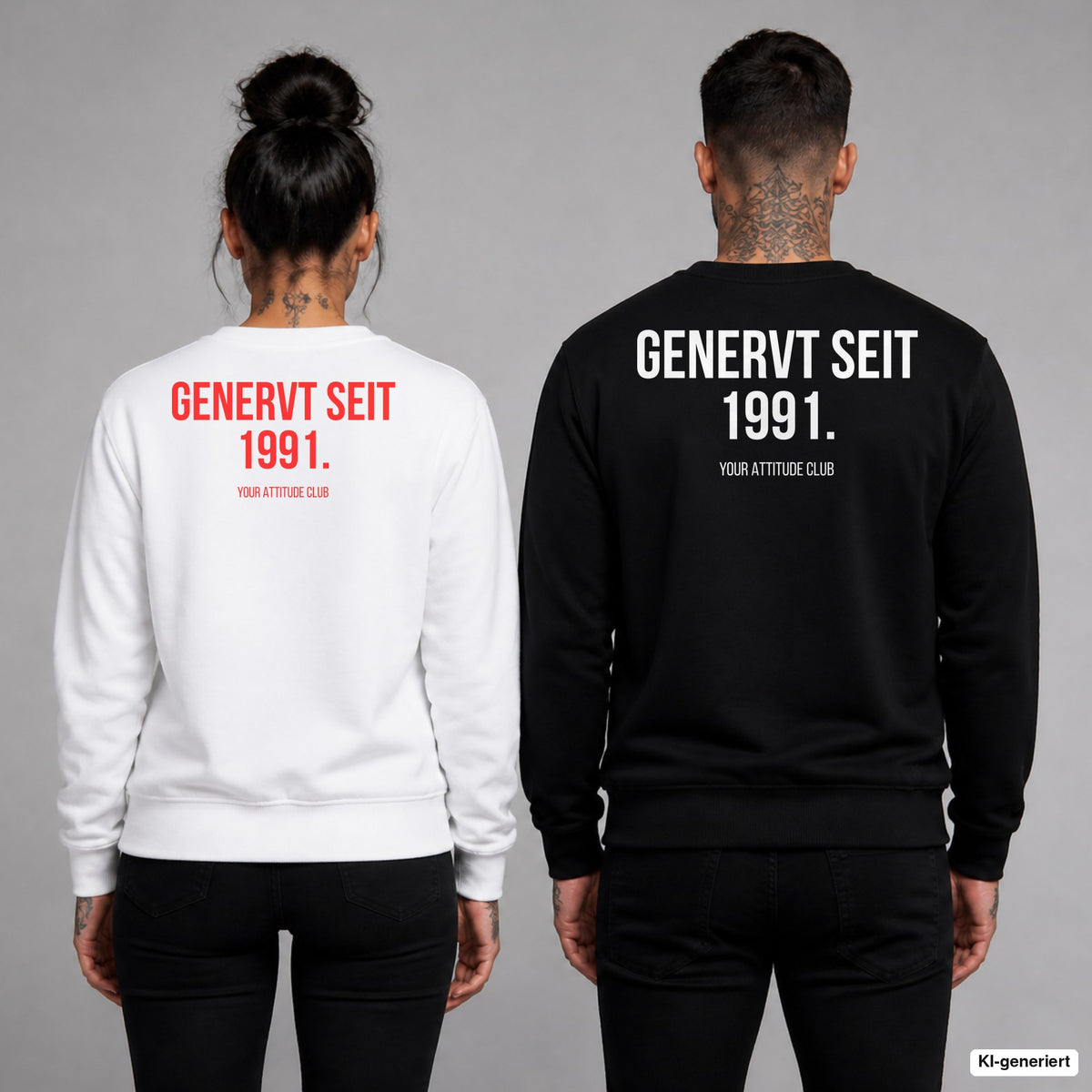 GENERVT SEIT 199X – Pullover mit Backprint, Frau in Weiß mit rotem und Mann in Schwarz mit weißem Aufdruck
