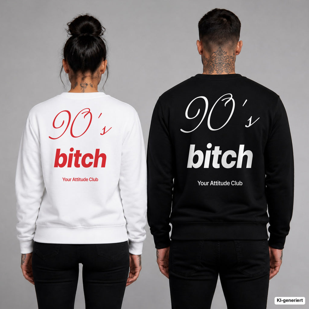 90’s bitch – Pullover mit Backprint, Frau in Weiß mit rotem und Mann in Schwarz mit weißem Aufdruck