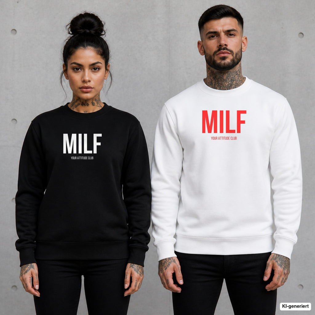 MILF – Pullover mit Frontprint, Frau in Schwarz und Mann in Weiß vor Betonwand