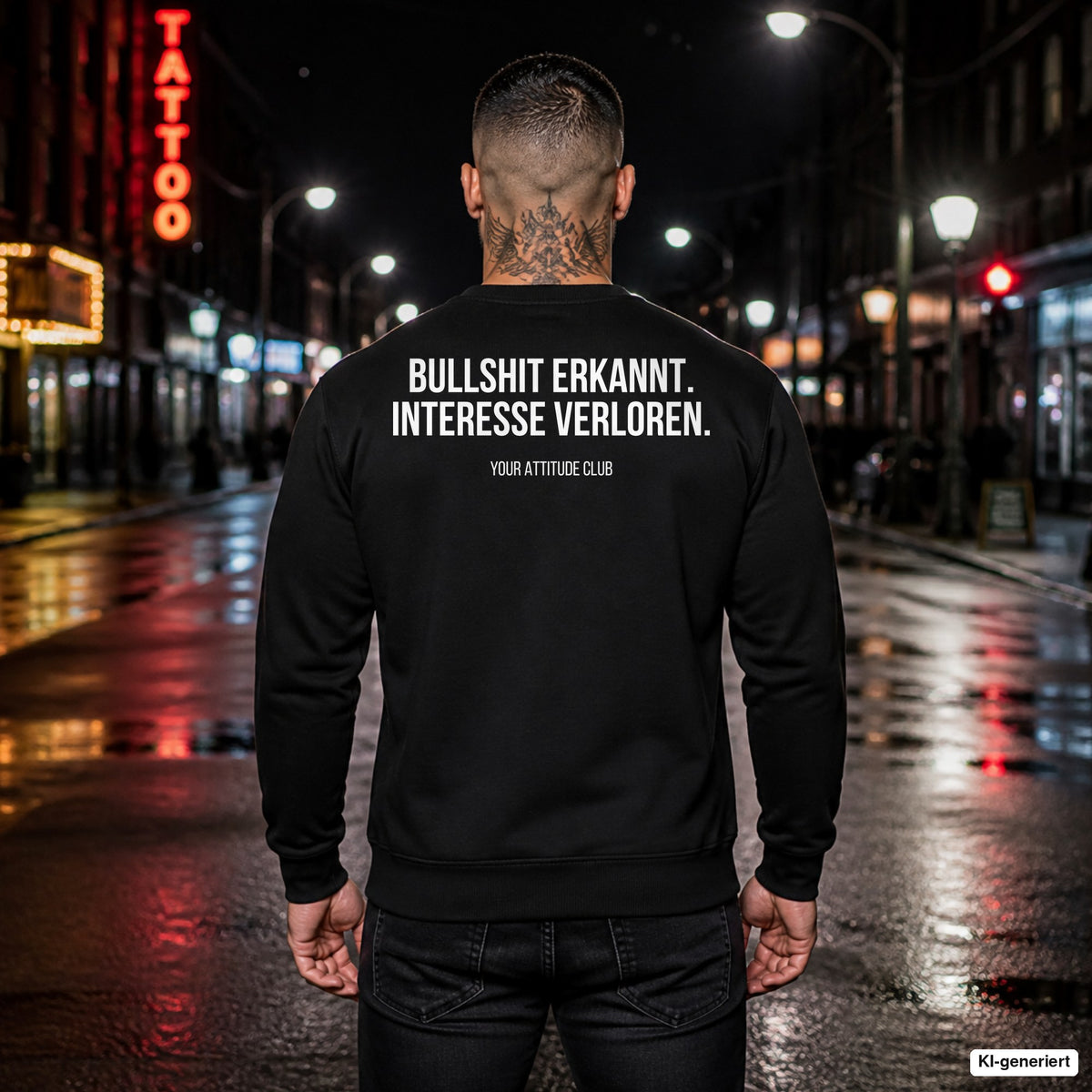 Bullshit erkannt. Interesse verloren – schwarzer Pullover mit weißem Backprint, Herren in der Stadt bei Nacht