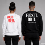Fuck it. do it – Pullover mit Backprint, Frau in Weiß mit rotem und Mann in Schwarz mit weißem Aufdruck