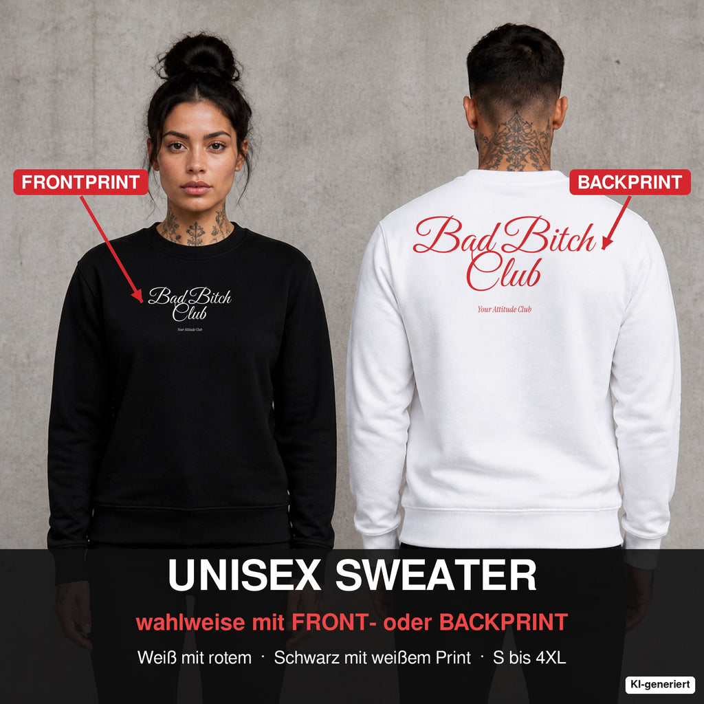 Bad bitch club – Pullover wahlweise mit Front- oder Backprint, Paar vor Betonwand