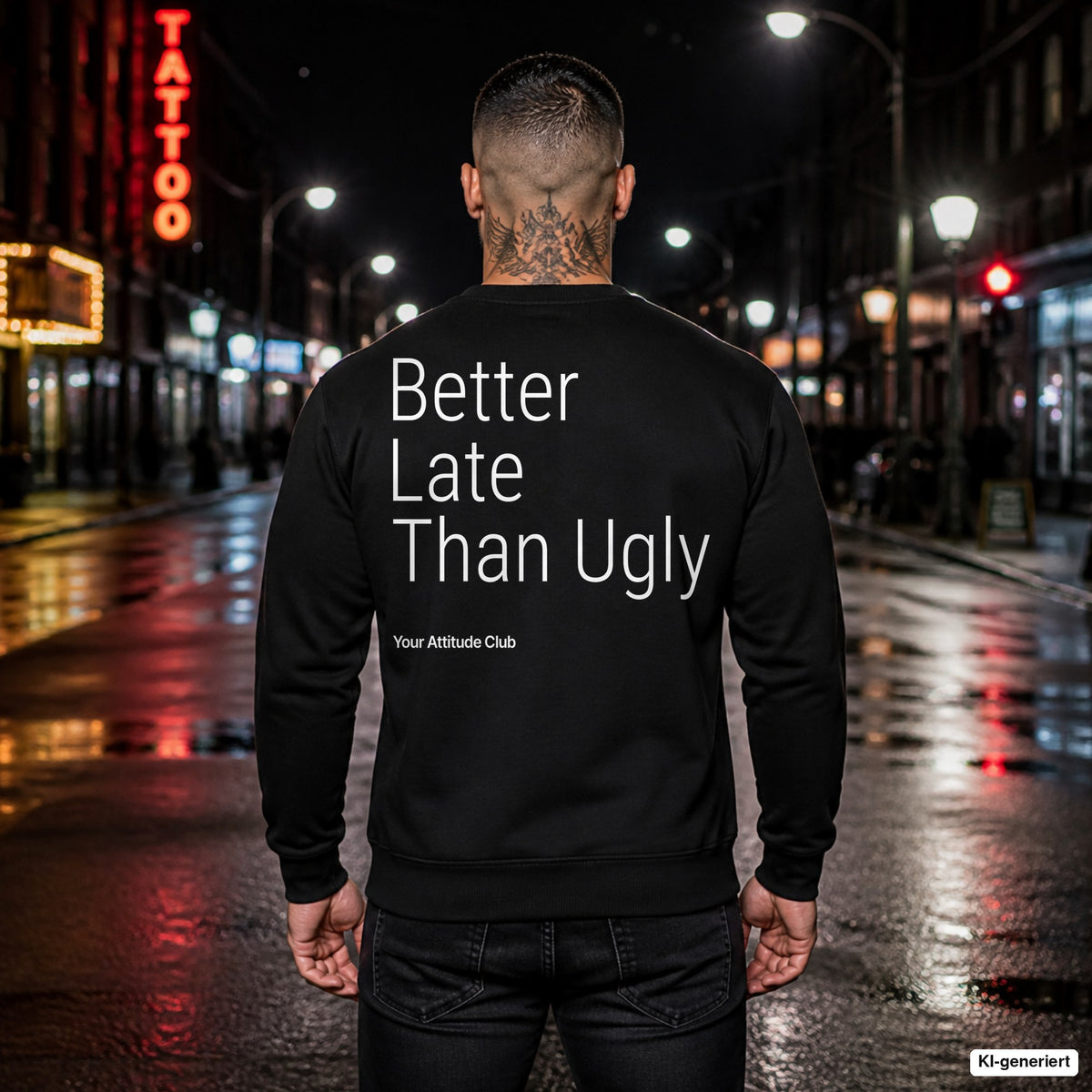Better late than ugly – schwarzer Pullover mit weißem Backprint, Herren in der Stadt bei Nacht