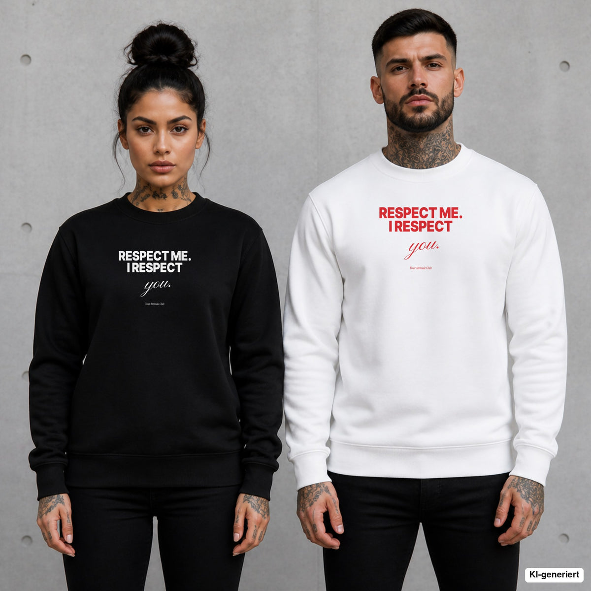 Respect me. I respect you – Pullover mit Frontprint, Frau in Schwarz und Mann in Weiß vor Betonwand