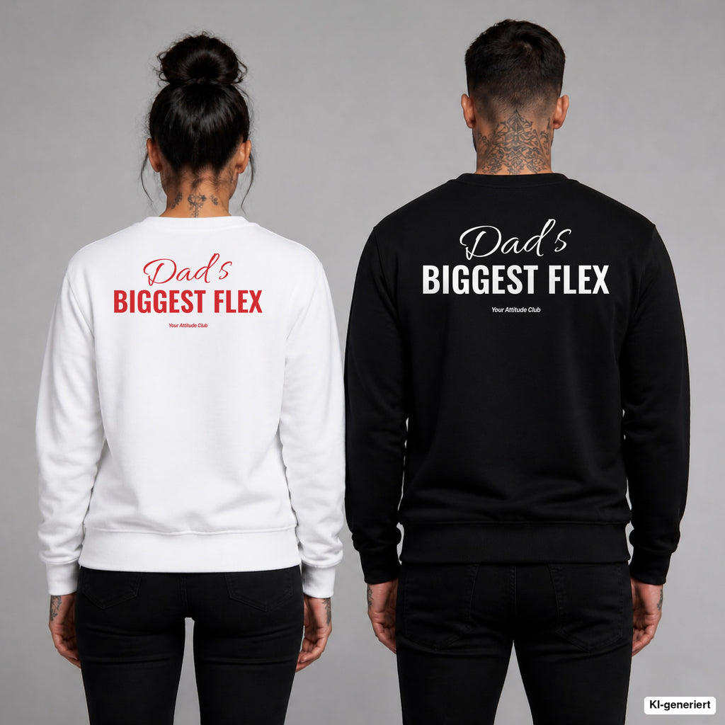 Dad’s biggest flex – Pullover mit Backprint, Frau in Weiß mit rotem und Mann in Schwarz mit weißem Aufdruck