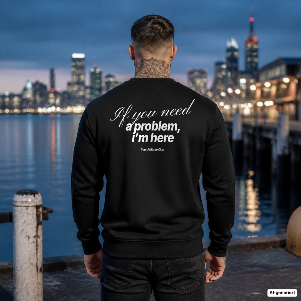 If you need a problem, I’m here – schwarzer Pullover mit weißem Backprint, Herren am Hafen